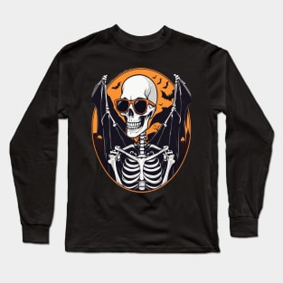 Halloween Skeleton with Bats Flying Around Long Sleeve T-Shirt